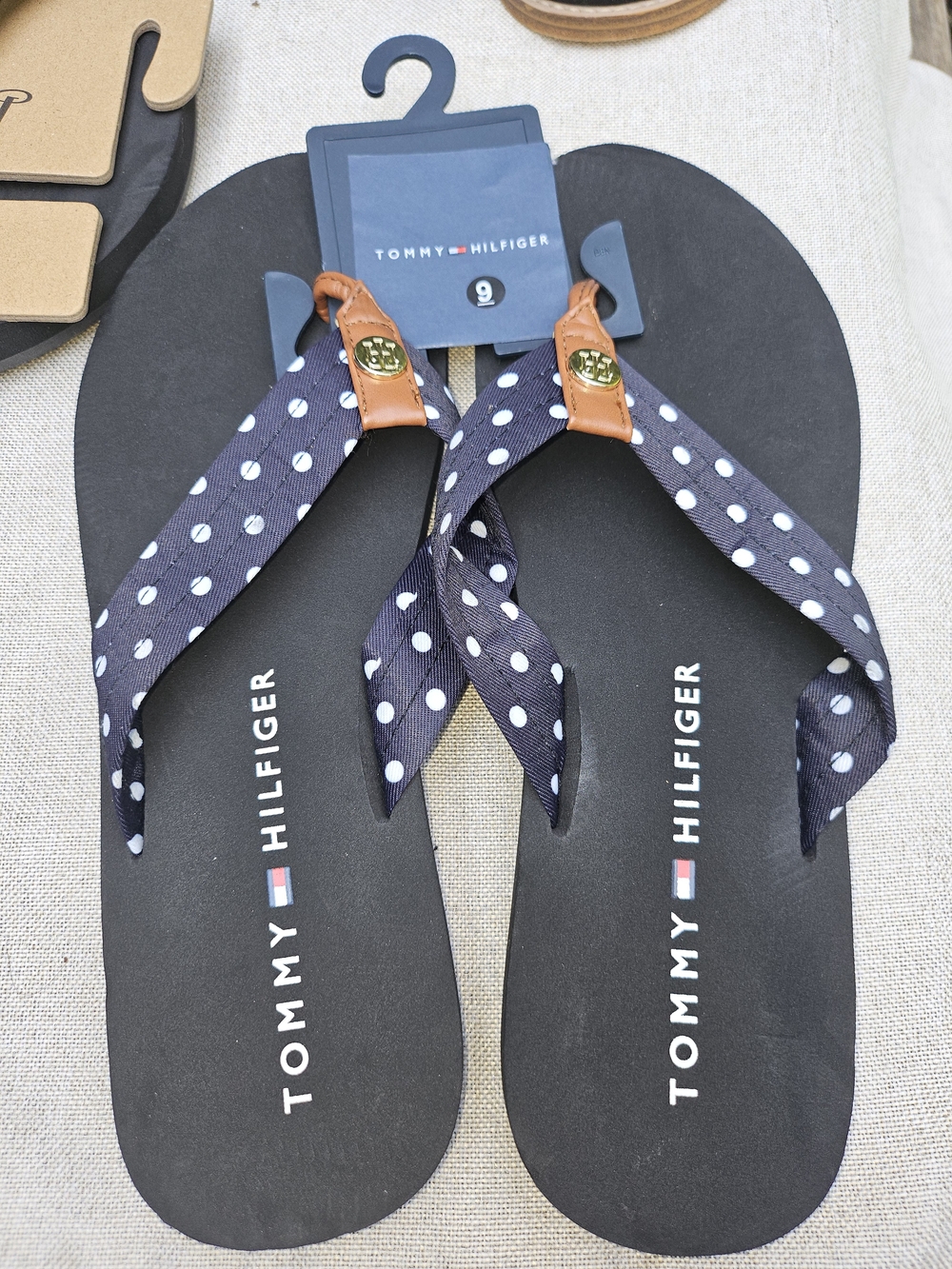 Tommy Hilfiger Navy Polka Dot Fabric Strap Flip Flops with Tan Accents